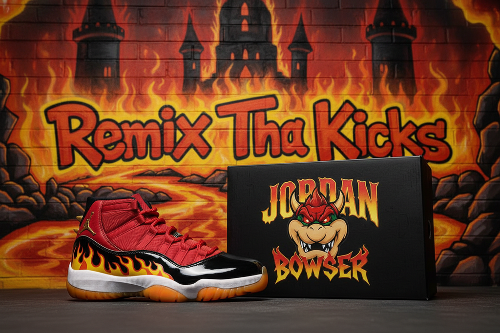 Bowser kingdom Jordan 11. With king bowser and Jordan collab shoe box. With bowser kingdom remix Tha kicks graffiti background 