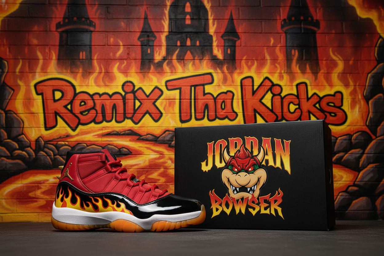 Bowser kingdom Jordan 11. With king bowser and Jordan collab shoe box. With bowser kingdom remix Tha kicks graffiti background 