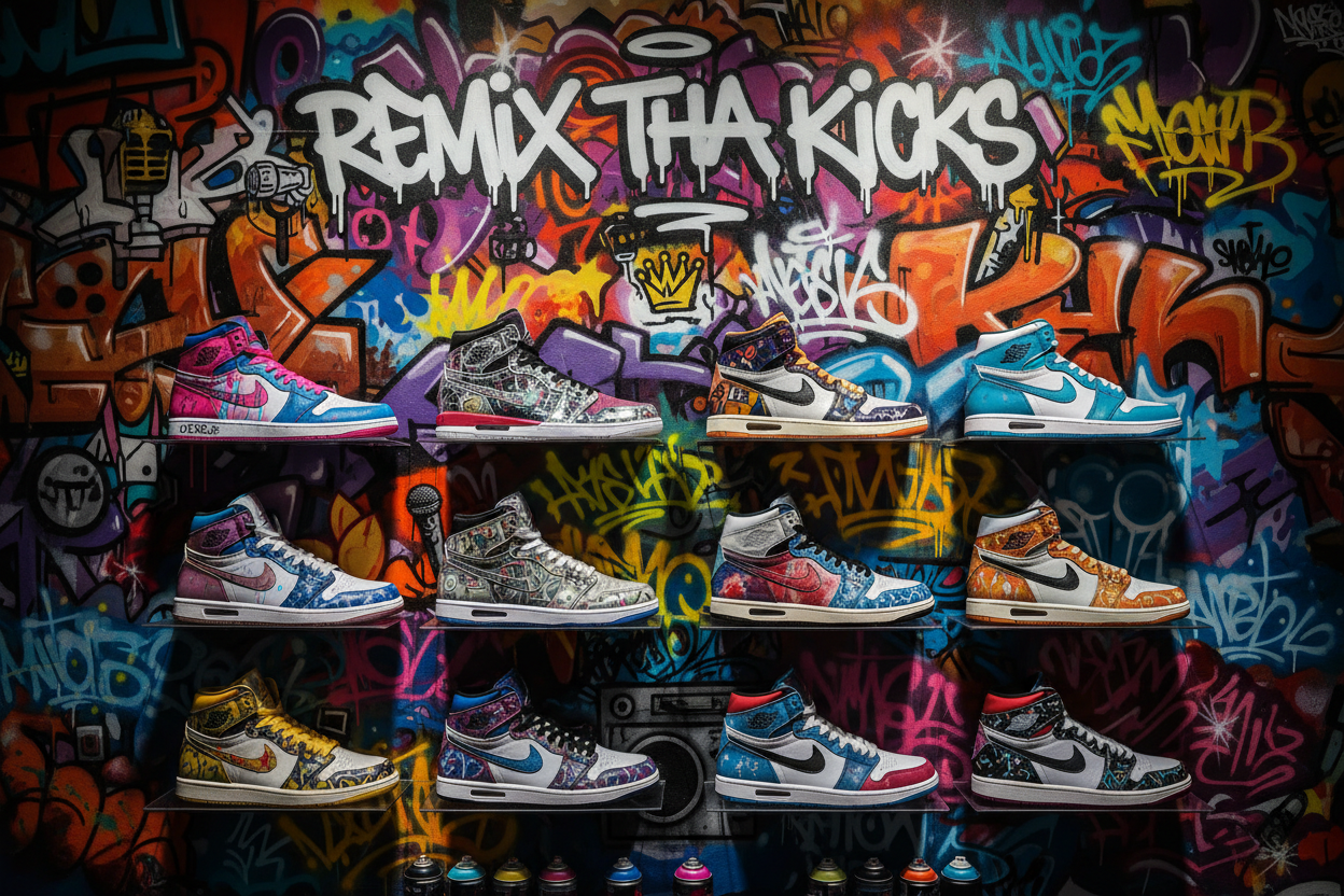 Create a custom shoe collection tab for remix Tha kicks. With custom Jordan’s 1-12 on display with a remix Tha kicks graffiti background 