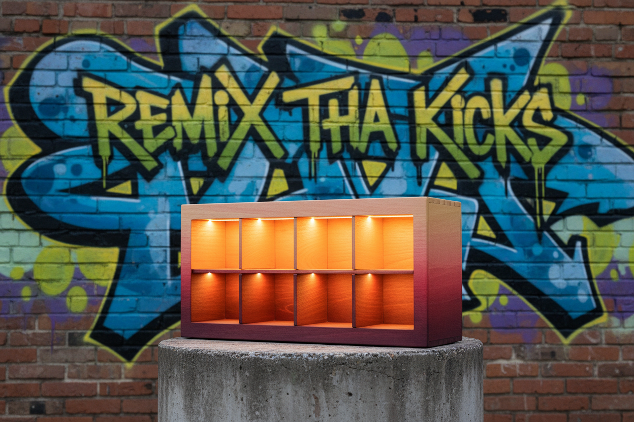 Custom wooden Jordan tokoyo sunrise shoe box that holds four pairs of shoes. With led lights in the shoe box. With remix Tha kicks graffiti background.