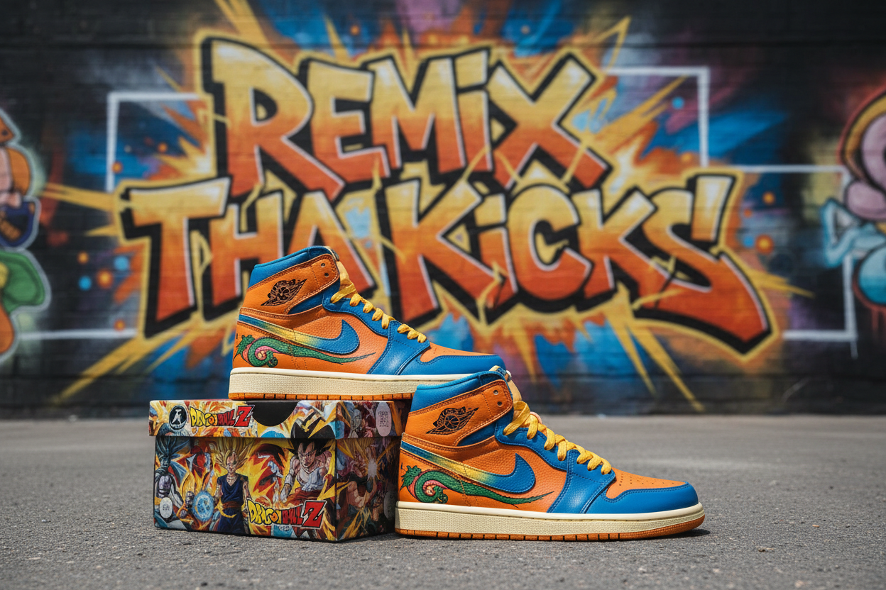 Dragon ball z Jordan 1. With dragon ball z Jordan collab shoe box. With dragon ball z remix Tha kicks graffiti background.