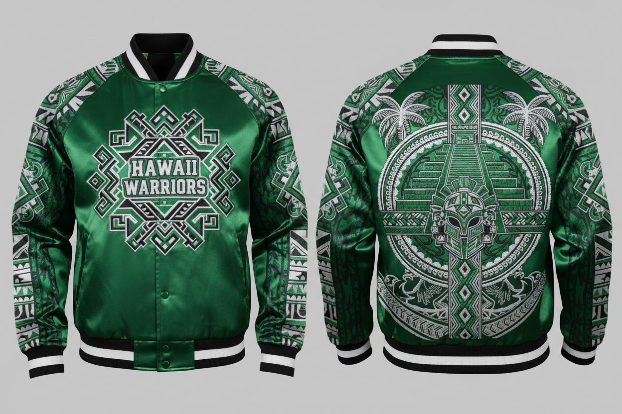 Hawaii warriors football satin jacket with unique front and back Aztec Samoa tribal design 