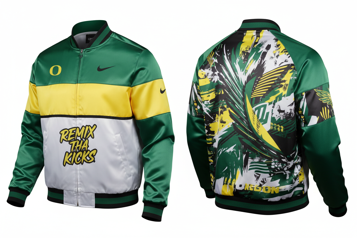 Oregon ducks football satin Nike vapor remix Tha kicks jacket. With unique front and back design matching the ducks multi colored jacket patterns. Display front and back of jacket 