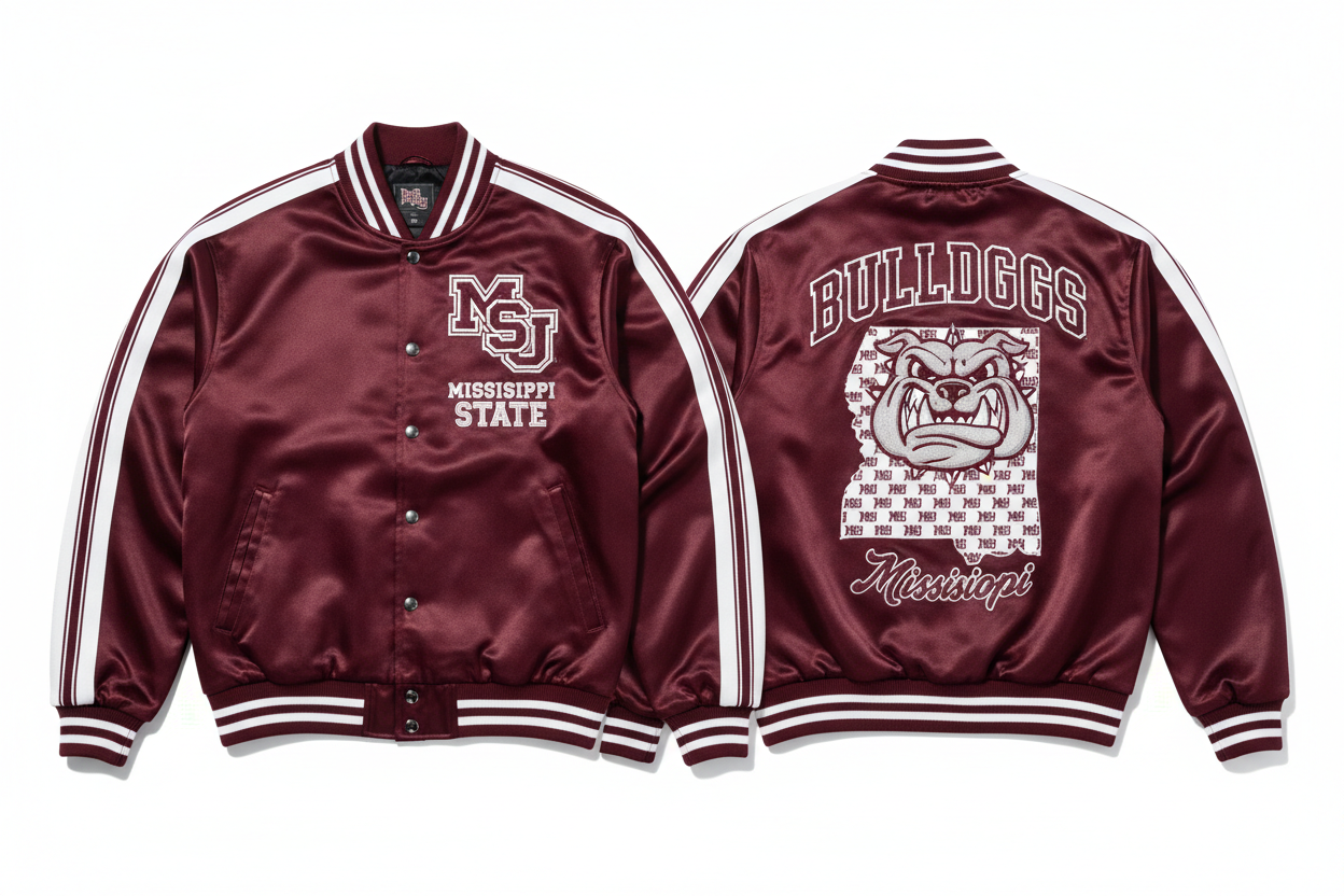 Satin Mississippi state football jacket with unique front and back design 