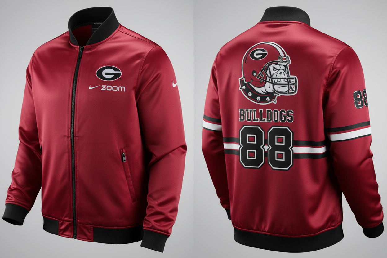 Satin red Nike zoom Georgia bulldogs football jacket with unique front and back design 