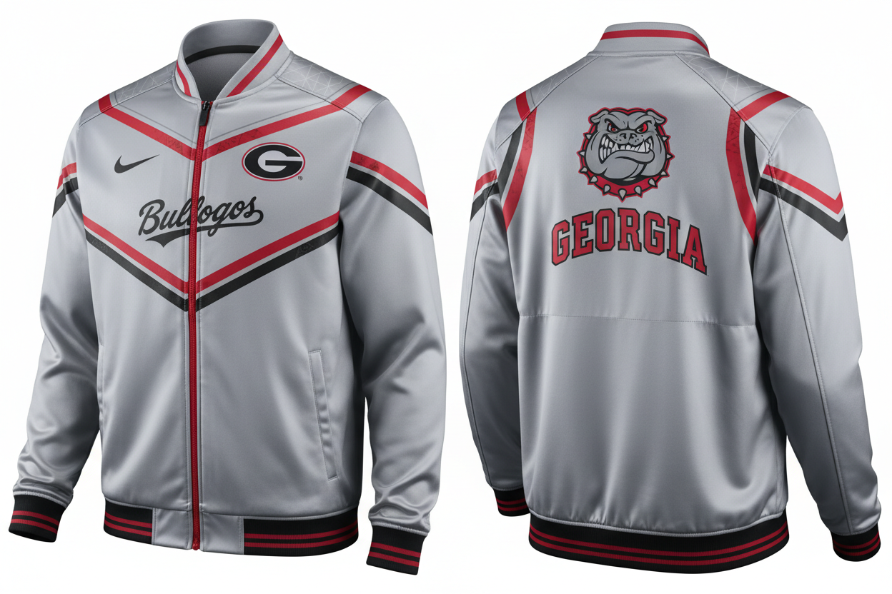 Satin silver Nike vapor Georgia bulldogs football jacket with a unique front and back design 