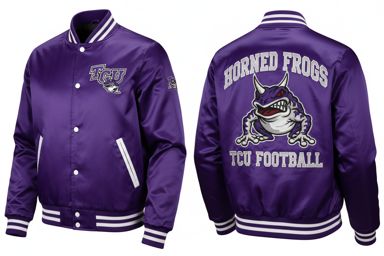 Satin TCU horned frog football jacket with a unique front and back design 