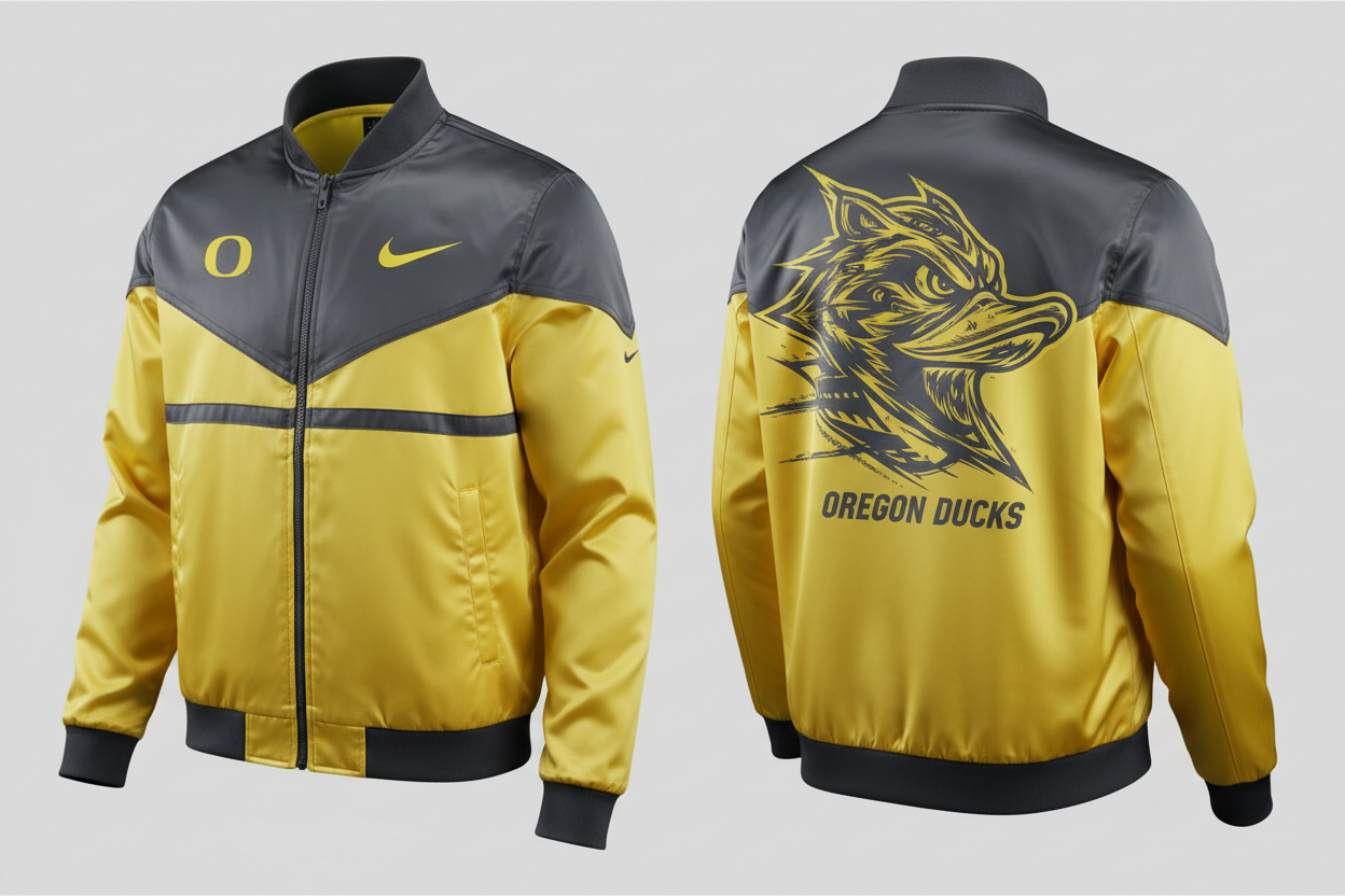 Satin vapor Nike yellow and grey Oregon ducks football jacket with unique front and back design 
