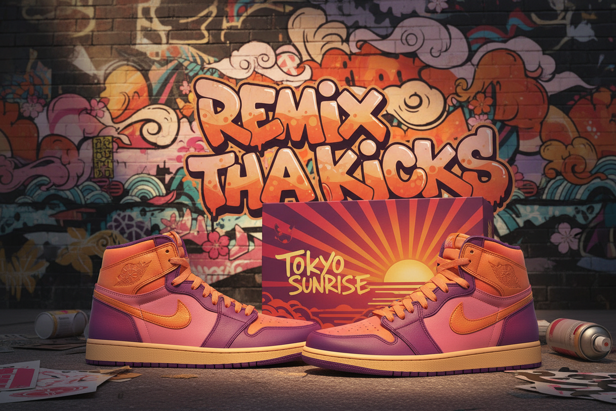 Tokoyo sunrise jordan 1. With Tokyo sunrise Jordan collab shoe box. With tokoyo sunrise remix Tha kicks graffiti background 